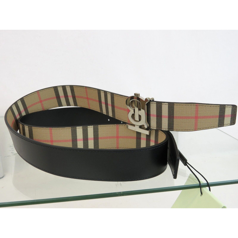 $580 BURBERRY TB 35 BEIGE CHECK BLACK LEATHER REVERSIBLE LOGO BUCKLE BELT 95 38 - Picture 9 of 13